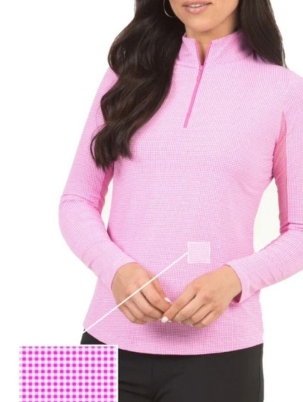 IBKUL Mini Check Long Sleeve Zip Mock Sun Shirt in Hot Pink/White UPF 50+ Large